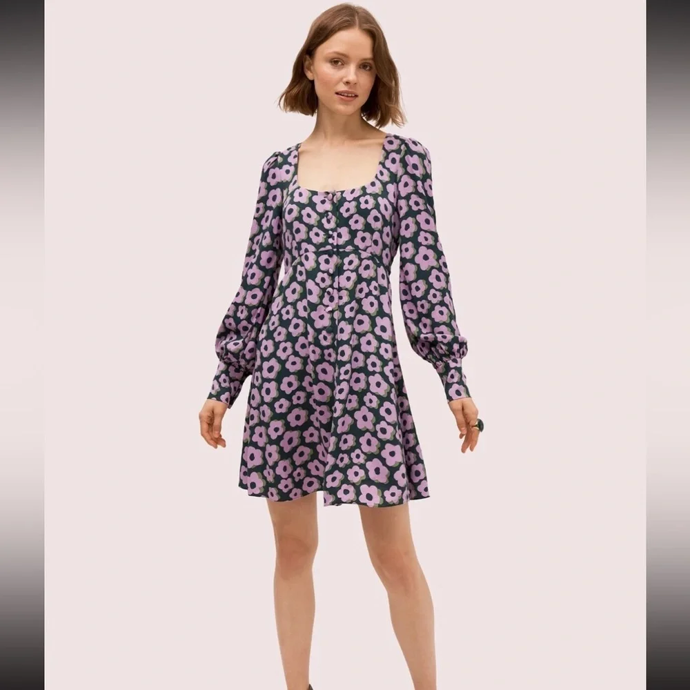 Kate Spade purple green spruce flaire flora fluid floral mini dress 6